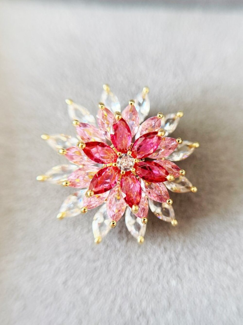 Pink & Fuchsia Rhinestone Flower Brooch Pin Gold Tone Floral Statement Jewelry